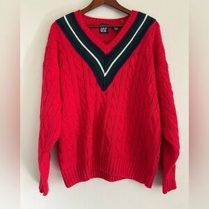 GAP Red Cable-Knit V-Neck Sweater with Green and White Trim